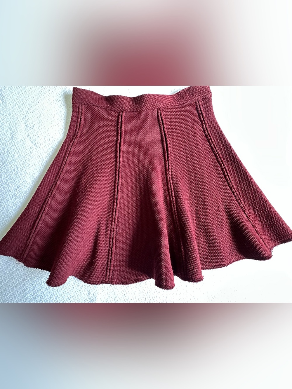 Zara Burgundy Knit Flared Skirt – Ribbed Panels Size S